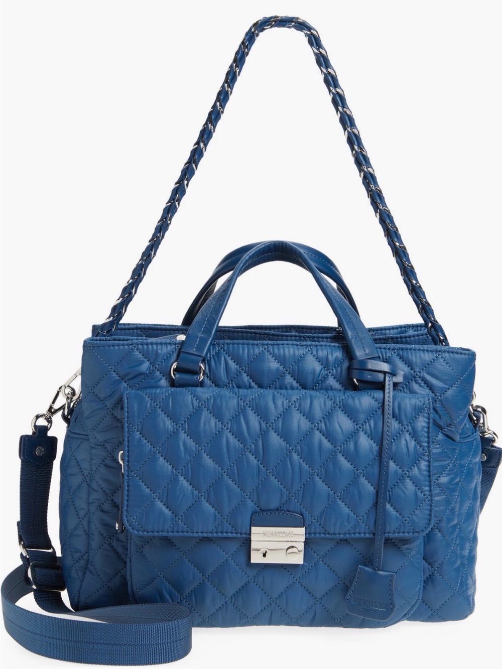 MZ Wallace Quilted Blue Satchel with Chain-Trim Strap